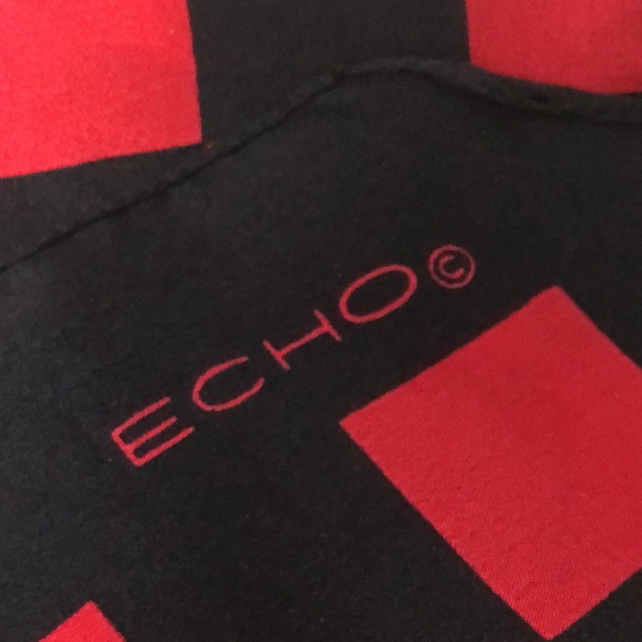 VTG Echo Black Red Pointed Edge  Silk Oblong Scarf - Picture 6 of 12